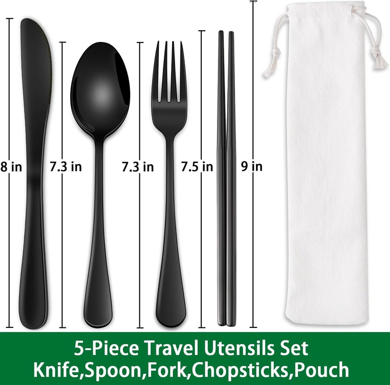 Dehov Travel Utensils Set With Case,Black Stainless Steel Silverware Set To Go For Work Lunch Box Includes Knife Spoon Fork Chopsticks,Camping Picnic Cutlery Essentials - Image 2